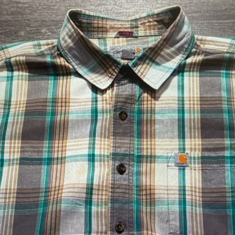 Carhartt Men's Green and Gray Plaid Button Down Shirt